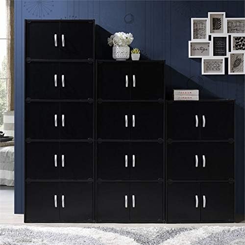 Pemberly Row 3 Shelf 6 Door Bookcase, 41 in H x 23.4 in W x 15.5 in D, Wood Construction, Black Finish, Slim Vertical Bookshelf, Multipurpose Organizer for Home Office, Bedroom, or Kids Room
