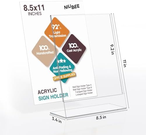 NIUBEE Acrylic Sign Holder 8.5 x 11 Vertical L-Shape Flyer Stand 3 Pack
