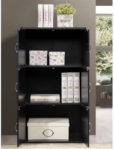 Pemberly Row 3 Shelf 6 Door Bookcase, 41 in H x 23.4 in W x 15.5 in D, Wood Construction, Black Finish, Slim Vertical Bookshelf, Multipurpose Organizer for Home Office, Bedroom, or Kids Room