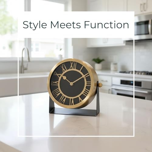 Metal Table Clock for Living Room Decor - Desk Clock for Office Desk, Study Room, Living Room, Mantel or Table Styling - Small Home Decor for Shelf or Tabletop Display - 7", Gold & Black