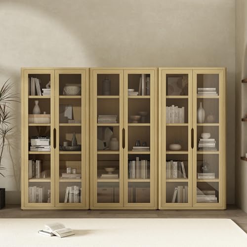 Manhattan Comfort Rivington 5-Shelf Bookcase 79" Tall Modern Bookshelf with Soft Close Glass Doors, Adjustable Fit, Handle-Free, Storage Cabinet for Living Room, Bedroom, Office, Set of 3, Natural Oak