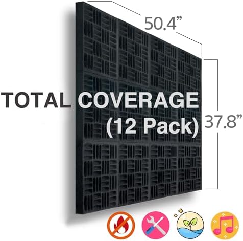 Foroomaco Grid Acoustic Foam Panels, 12.6 x 12.6 x 2 in, 12 Pack, Black
