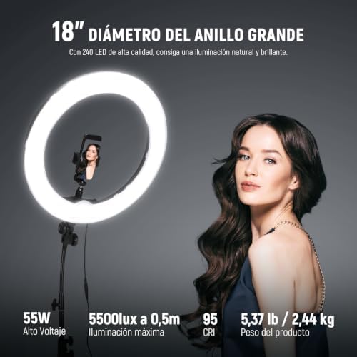 NEEWER Ring Light 18inch Kit: 55W 5600K Professional LED with Stand and Phone Holder, Soft Tube & Bag for Tattoo Lash Extension Barber Makeup Artist Studio Video Photography Lighting, RL-18