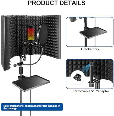 Aokeo Studio Recording Microphone Isolation Shield with Pop Filter & Tripod Stand,High Density Absorbent Foam to Filter Vocal,Foldable Sound Shield for Blue Yeti and Condenser Microphones