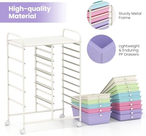 COSTWAY 15 Drawer Rolling Storage Cart, Mobile Utility Cart with Lockable Wheels, Drawers, Multipurpose Organizer Cart for Home, Office, School, Ice Cream Multicolor