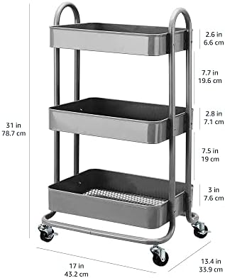 Amazon Basics 3-Tier Rolling Utility or Kitchen Cart, Lockable Wheels, Multifunctional Storage, Mobile Shelving Unit, Metal Storage Organizer, Charcoal