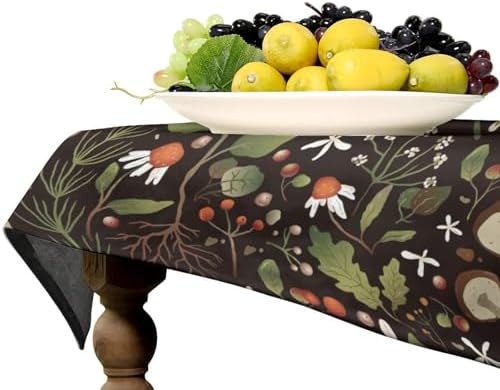 Wild Mushrooms Tablecloth, Rustic Chamomile Flowers Herbs Plants Retro Botanical Mushroom Natural Print Table Cover for Kitchen Dining Room Picnic Camping Indoor Outdoor 60x90in