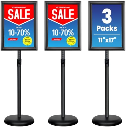 3 Pack 11x17 Inch Sign Holder Stand, Adjustable Pedestal Sign Stand, Heavy Duty Floor Standing Sign Holder, Aluminum Snap Open Frame Poster Stand, Vertical & Horizontal Display (Black)