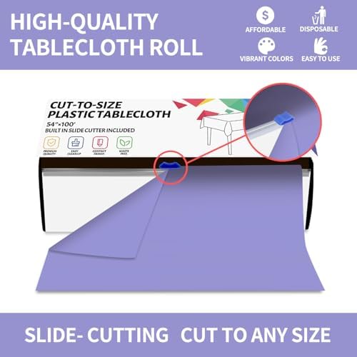 CXPSINC 54 Inch X 100 Feet Plastic Table Cover Roll Disposable Tablecloth with Slide Cutter for All Type/Shape Tables | Party, Banquet, Birthdays, Weddings(Purple, 100 Feet)