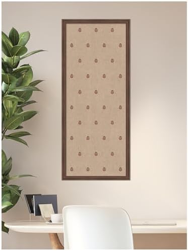 Kate and Laurel Framed Fabric Pinboard 18 x 42, Red Botanical Block Print Printed Linen Classic Bulletin Board for Use as a Vision Board or Wall Organization, Florence Medium Brown Frame
