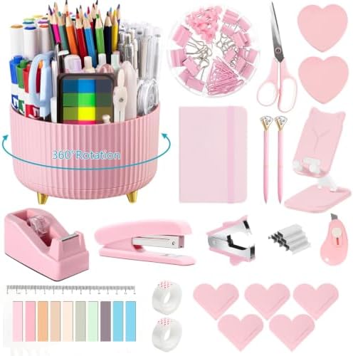 Office Supplies,Pink Desk Accessories,Desk Organizer,Stapler,Tape Dispenser,Folding Phone Stand,Scissors,Notebook,Staple Remover,Staples,Clear Tape,Sticky Notes,Clips,Cool Pen,Bookmark,Ect.22pcs