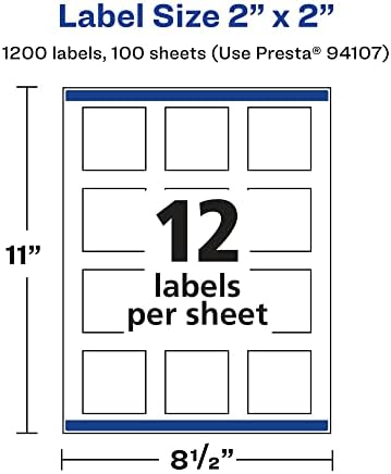 Avery® Matte White Square Labels, Sure Feed® Technology, 2" x 2", 1,200 Matte White Printable Labels