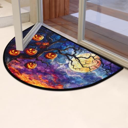 Moon Tree Half Round Door Mat Non Slip Washable Semi Circle Area Rug Absorbent Soft Half Moon Rug Floor Mat for Indoor Outdoor Kitchen Bathroom Patio Front Door Mat Decor