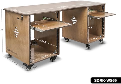Sound Town DIY Music Studio Rack Desk Workstation with 2 X 13U Side Cabinets, Two Slide-Out Trays, Casters, Plywood, Weathered Brown for Recording Room, Home Studio (SDRK-WS69)