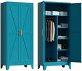 Washsemba 71'' Farmhouse Metal Wardrobe Cabinet with Hanging Rod, 2 Barn Door Wardrobe Closet with 5 Adjustable Shelves,Drawer,for Dining Room,Bedroom,Living Room, Cloak Room,Office (Peacock Blue)