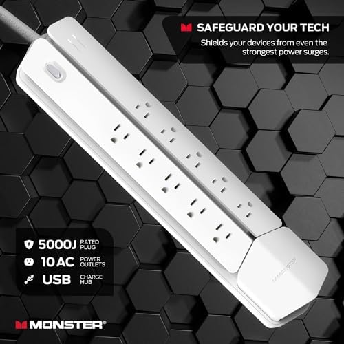 Monster Power Center Vertex XL Surge Protector with Detachable USB Power Strip with 10 AC Outlets, 2 USB-A Ports & 1 USB-C Port (20W)