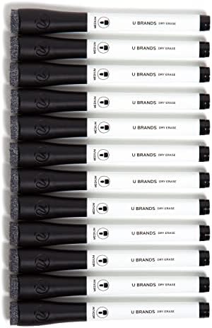 U Brands Fine Tip Dry Erase Markers with Eraser, Whiteboard Markers, Low Odor, Black, Set of 12