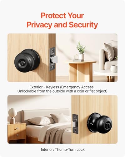 VEVOR 6 Pack Black Door Knobs, Privacy Door Knob with Round Ball, Keyless Exterior & Thumb Turn Lock Interior, All Metal Doorknobs Hardware, Matte Black Modern Design for Bedroom & Bathroom