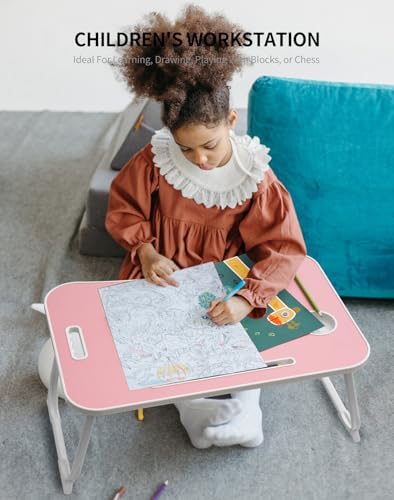 ZEAPTAC Laptop Bed Desk, Foldable Lap Desk, Portable Lap Table, Laptop Stand with Cup Holder, Tablet Slot & Lifting Handle for Work, Write, Draw & Eat on Bed, Sofa or Couch - Pink