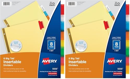 Avery Insertable Dividers for 3 Ring Binders,8 Tabs per Set,Multicolor Big Tabs,Buff Paper with Gold-Reinforced Holes,Great for Organizing Reports,Projects,and More (11111),(Pack of 2)