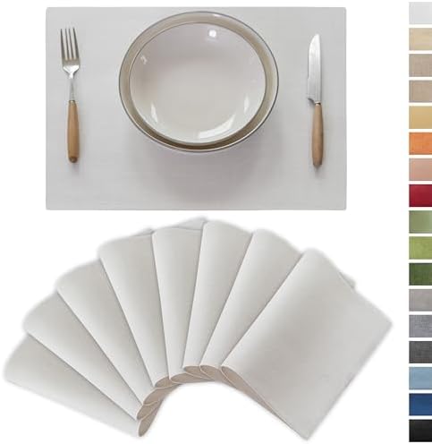 Demetex White Place Mats Set of 8 Washable Linen Placemats Heat Resistant Decorative Table Placemat for Holiday Party Wedding, 13x19 inch, Pure White