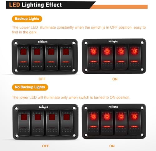 Nilight 4 Gang Rocker Switch Panel SPST On Off 5PIN Electrical Toggle Red