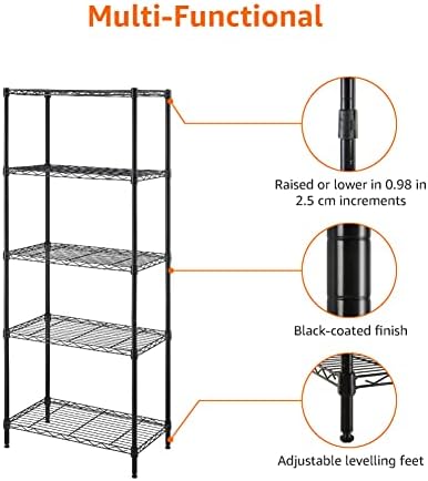 Amazon Basics 5-Shelf Multipurpose Adjustable Steel Garage Shelving Unit, Storage Rack for Kitchen, 200 lbs Per Shelf, Easy Assembly, 13.4"D x 23.2"W x 60"H, Black