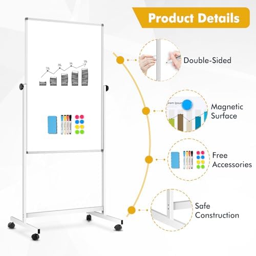 Rolling Whiteboard on Wheels 32"x48", Double-Sided Magnetic Dry Erase Board