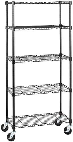 Amazon Basics 5-Shelf Heavy Duty Garage Shelving Storage Rack with 4" Wheel Casters, Adjustable Metal Wire Organizer, 300 lbs Per Shelf, 30" x 14" x 64.75", Black