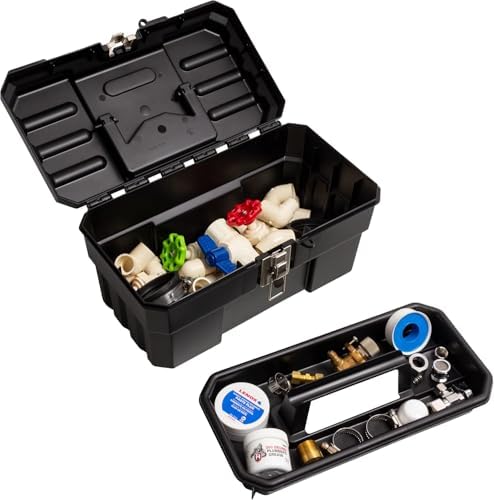 Akro-Mils 14-Inch Plastic Toolbox with Removable Tray, Steel Latch & Padlock Eye, Industrial-Grade Tool Box for Tools, Crafts, First Aid & Hobby Supplies, 14" x 8" x 8", Made in USA, Black (09514)