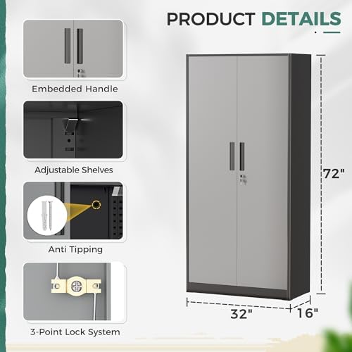 Greenvelly Metal Garage Storage Cabinet with Lock, 72”Metal Storage Cabinet with 2 Doors and 4 Adjustable Shelves, Steel Tool Cabinet for Garage,Home Office, School,Gym (Black Grey)