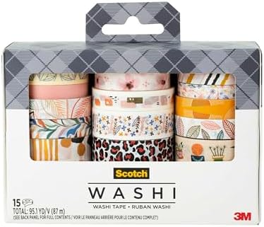 Scotch Washi Tape, Whimsical Design, 15 Rolls, Great for Bullet Journaling, Scrapbooking and DIY Décor (C1017-15-P5)