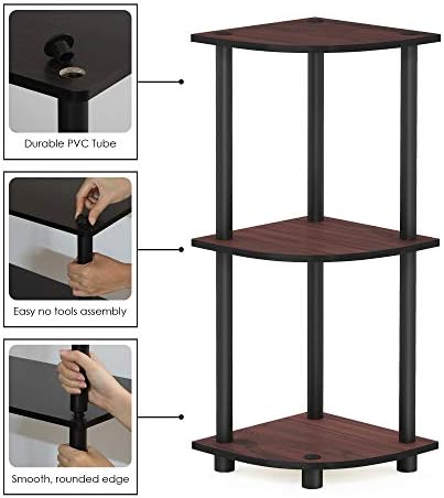 Furinno TURN-N-TUBE Corner Shelf, 3-Tier Corner Bookshelf, Display Storage Shelves with Open Shelves, for Organization and Storage, Living Room, Home Office, Garage, Dark Cherry