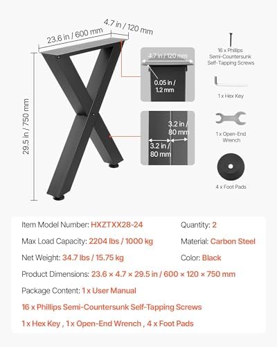 VEVOR Table Legs, 29.5" H x 23.6" W Steel Furniture Legs, Modular Design, Easy Assembly, 2204 lbs Max Load Heavy Duty, for Home Office Desk, Coffee Dinner Bar Tables, Workbench,2 PCS, X Frame, Black