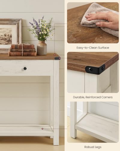 VASAGLE 63 Inche Narrow Console Table with 3 Drawers and Open Storage Shelf | Long Sofa Table, 9.4 x 63 x 29.9, Farmhouse Style, Easy Assembly, Rustic White and Honey Brown, LIRY Collection ULNT148W101