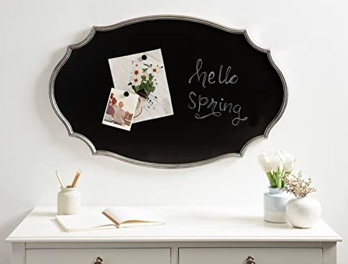 Kate and Laurel Leanna Decorative Scalloped Metal Chalkboard, 24 x 36, Silver, Framed Rounded Oval Vintage Chalkboard for Unique Display, Organization, and Decor