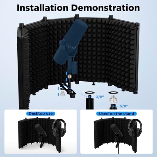 LZSIG Microphone Isolation Shield, Foldable Mic Shield with Triple Soundproof, Reflection Filter with 3/8" and 5/8" Threaded for Recording Studio, Podcasts, Singing, and Broadcasting - XL(30"x12.9")