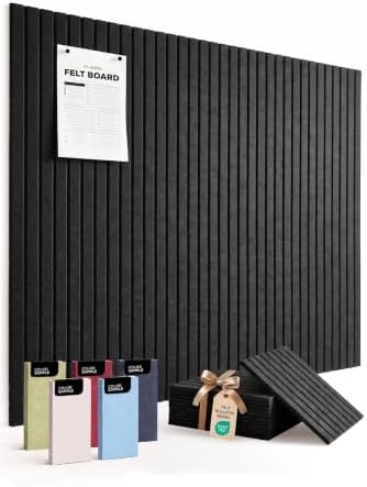 VIVELDA Large Felt Bulletin Board 48 x 36 Inch - 12-Pack Square Acoustic Wall Panels, Cork Board Alternative, NRC 0.95, Damage-Free Adhesive, Slatted Design for Home, Classroom (Black)