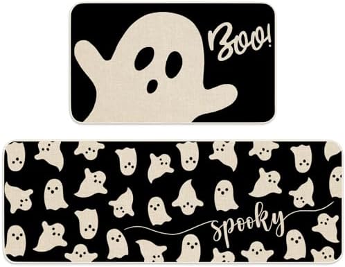 JarThenaAMCS Halloween Ghost Kitchen Mat Set of 2 Black Spooky Ghost Boo Kitchen Floor Mats Cute Non-Slip Door Rugs for Halloween Party Home Bathroom Entrance