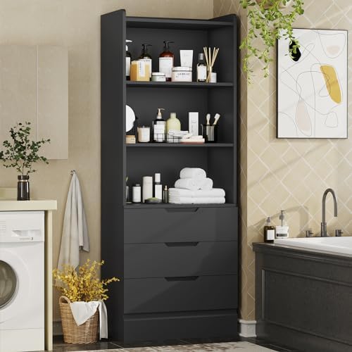 DICTAC Bookcase with 3 Drawers and Shelves 73.23'' Tall Bookshelf with Storage Modern Wood Closet Drawers System,Closet Organizer Unit Freestanding Tall Storage Cabinet for Home Office,Bathroom,Black