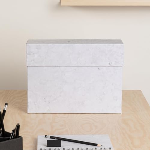 Bigso Lovisa Fiberboard Label Frame 12 File Storage Box - Paperwork Storage Box with Metal Label Holder - Durable Document Organizer with Flip Top Lid - 3.7in x 13in x 9.4 in - Marble