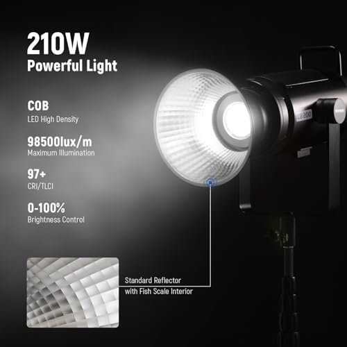 NEEWER CB200 210W LED Video Light with 2.4G/APP Control, 5600K Daylight COB Continuous Output Lighting for Photography with 98500lux/m, CRI97+/TLCI97+, 9 Scenes, PWM Dimming, Bowens Mount