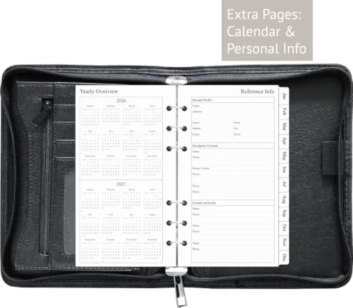 Fan&Ran 2027 Zipped Planner Organizer, Weekly and Monthly Refills with Simulated Leather Cover, Personal Size, Black