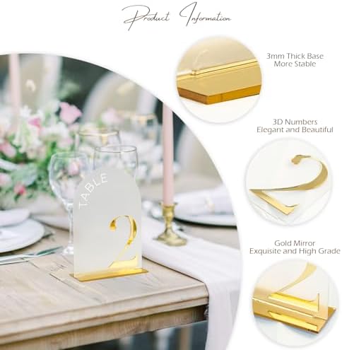 Frosted Arch Wedding Table Numbers 1-20, Gold Numbers and Stands