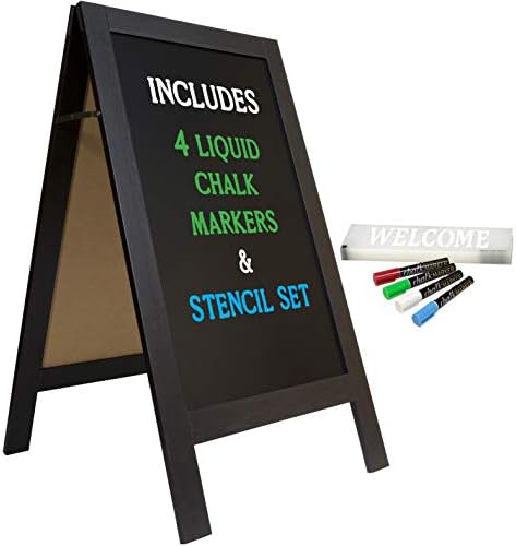 Excello Global Products Black A-Frame Chalkboard - 40"x20" Wooden Standing Sign with Markers & Stencils, Handcrafted Sidewalk Display