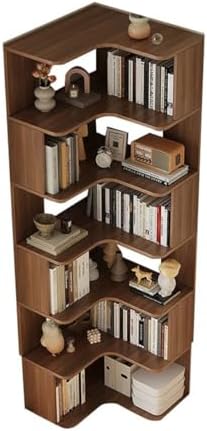 Vertical Wall Corner Shelf with Open Back 7-Shelf Wood Corner Bookshelf Floor Book Rack Multi-Layer Storage Shelf Against the Wall Bookcase Dark Walnut 24" L x 24" W x 75" H