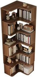 Vertical Wall Corner Shelf with Open Back 7-Shelf Wood Corner Bookshelf Floor Book Rack Multi-Layer Storage Shelf Against the Wall Bookcase Dark Walnut 24" L x 24" W x 75" H