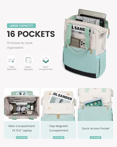 LOVEVOOK Laptop Backpack for Women, 15.6 Inch Work Laptop Bag with USB Port, Fashion Teacher Nurse Backpack Purse, Waterproof Travel Computer Backpack with Organizer Bag, 2PCS, Beige-Mint Green