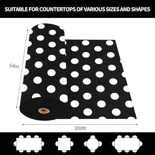 CXPSINC 54 Inch X 300 Feet Plastic Table Cover Roll Disposable Tablecloth with Slide Cutter for All Type/Shape Tables | Party, Banquet, Birthdays, Weddings(Black & White Dot, 300 Feet)