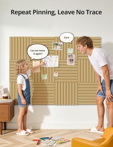 Kuchoow Large Felt Bulletin Board Cork Tiles for Wall Office Decor Brown Memo Pinboards, 48" × 36" Self Adhesive 12 Pack Photo Display Decorative Mood Corkboard Panels for Classroom Kitchen Home